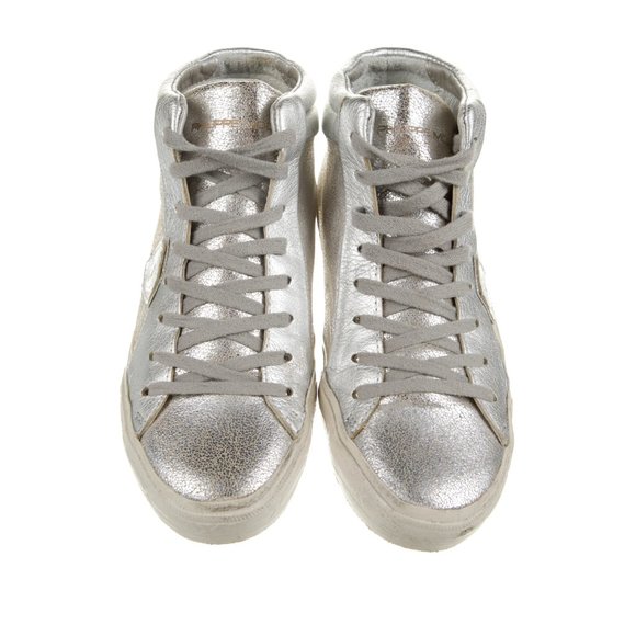 Philippe Model Shoes - PHILIPPE MODEL Distressed Silver Leather Hightop Sneakers